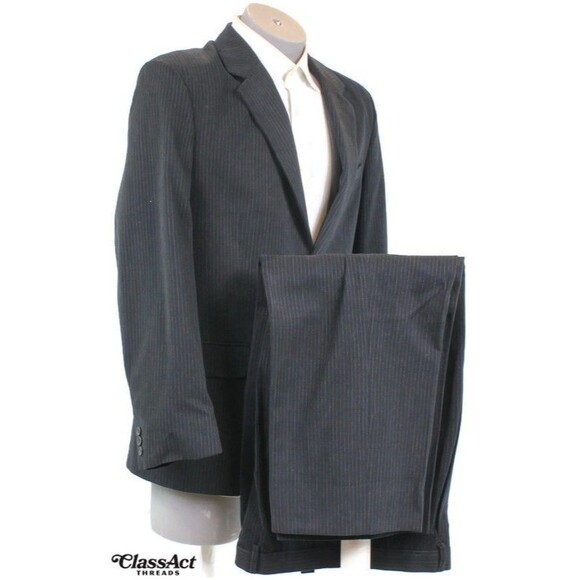 Claiborne 2 Piece Suit Mens  Black Velvet Striped Cotton 42R Pleated Fronts 34" - Picture 1 of 10